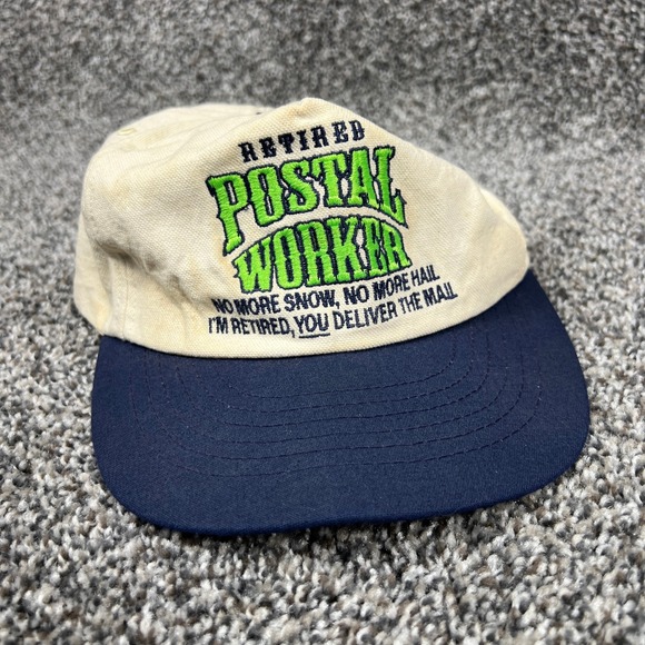 Vintage Retired Postal Worker Hat Cap Beige Navy Blue Embroidered Made in USA - Picture 2 of 8